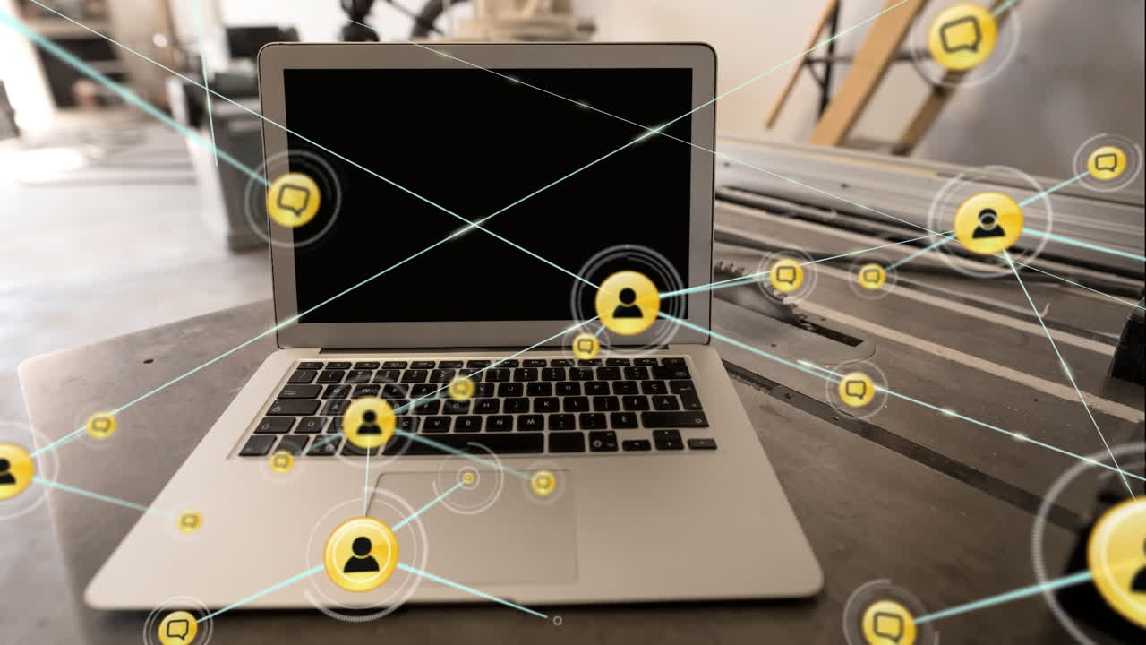animación de la red de conexiones con iconos sobre la oficina