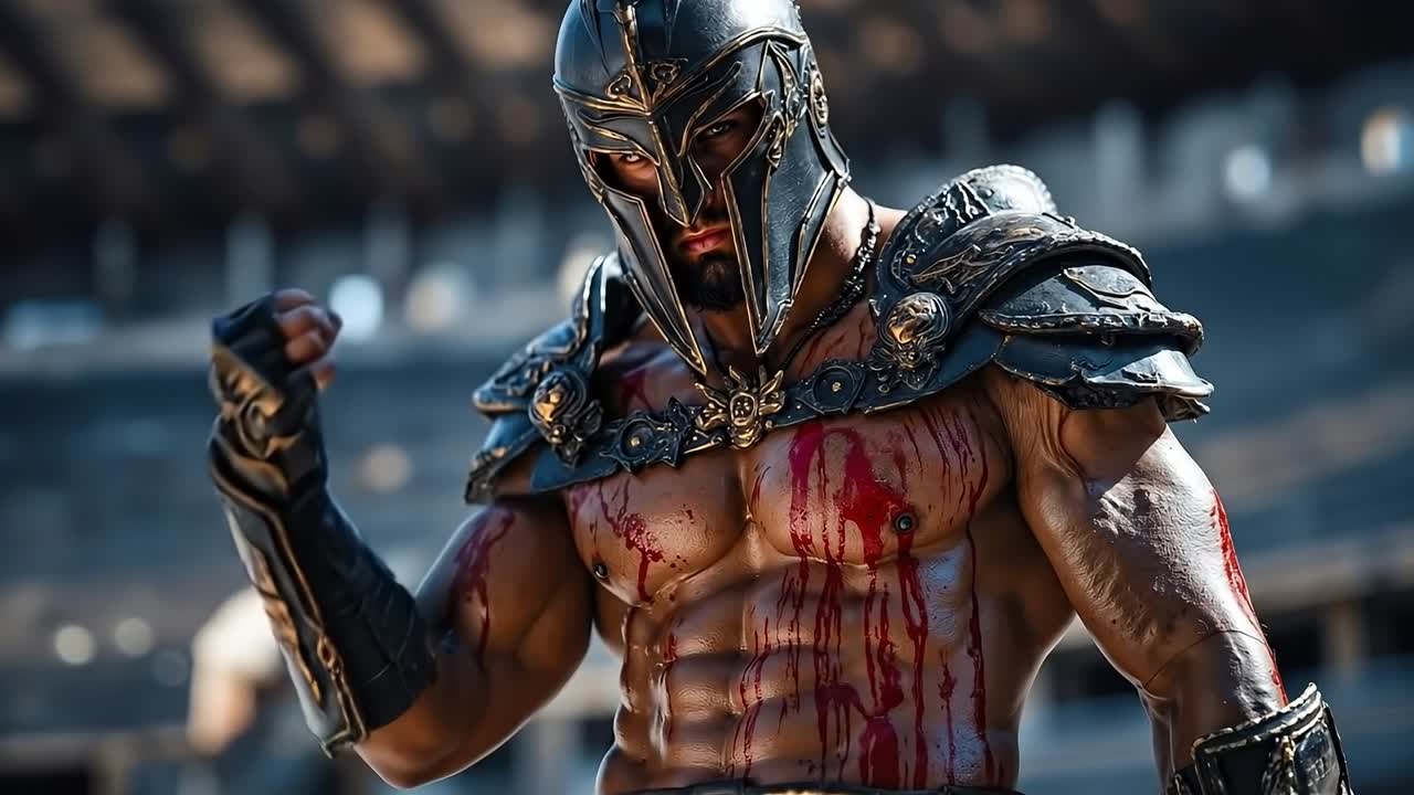 A man in a spartan costume with blood on his chest