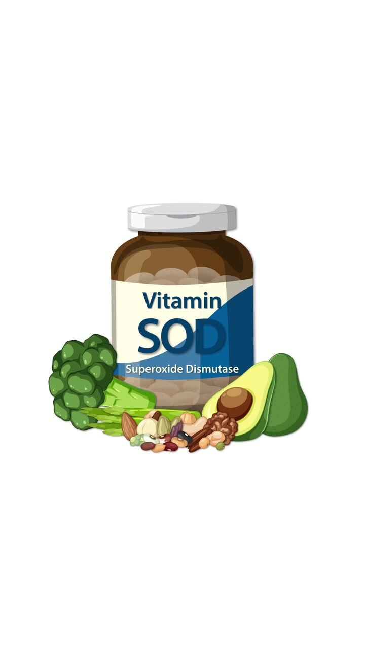 Una bottiglia di Vitamina SOD gradualmente circondata da avocado, noci, broccoli e verdure su sfondo bianco.