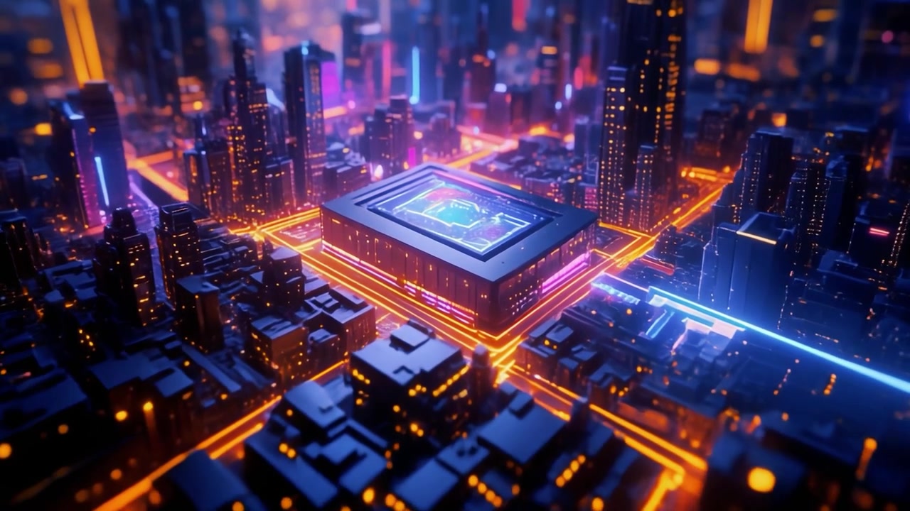 Futuristic Cyberpunk Cityscape with Central Processor Unit