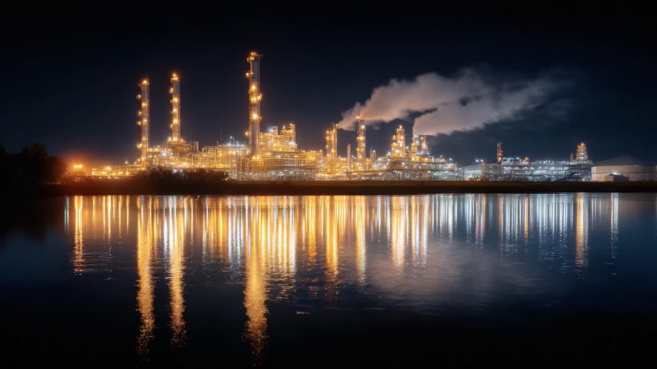 A Stunning Night View of an Industrial Complex with Reflections on Water, Illuminated By Bright Lights and Emitting Steam, Showcasing Modern Manufacturing Facilities