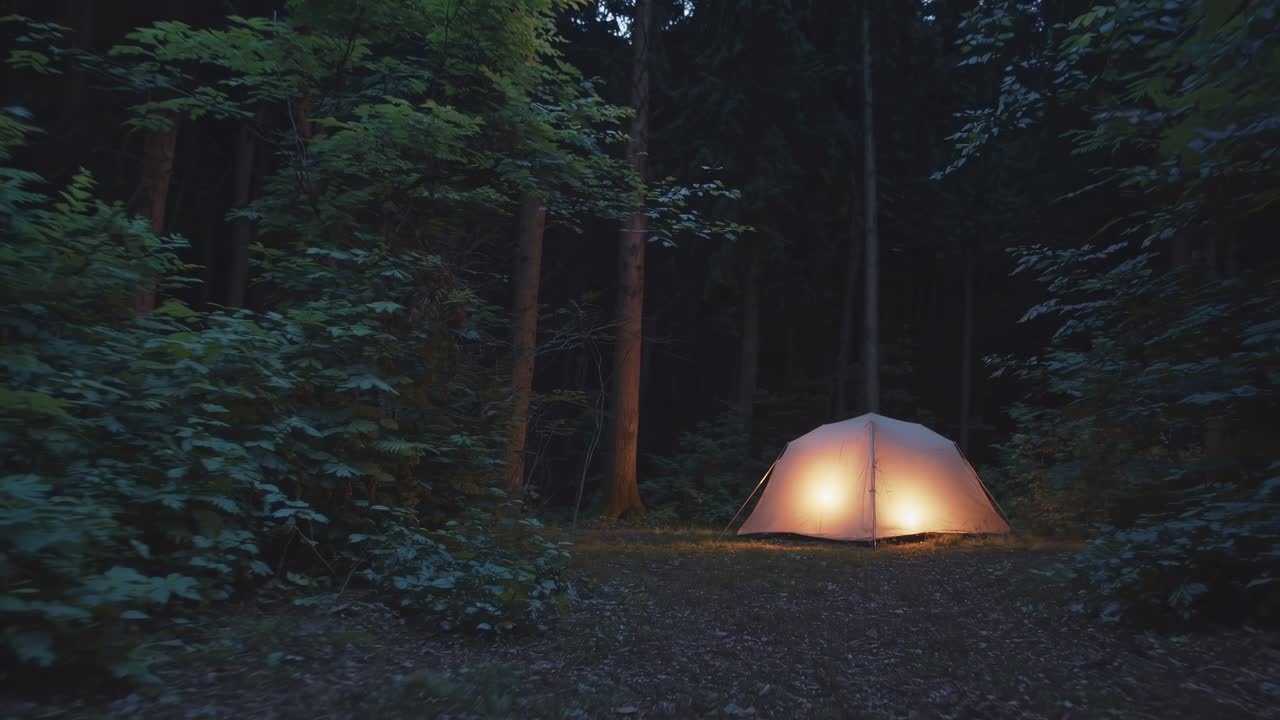 Illuminated tent glowing warmly in a tranquil forest at night, creating an inviting and cozy camping scene, surrounded by the peaceful embrace of darkness and nature's beauty