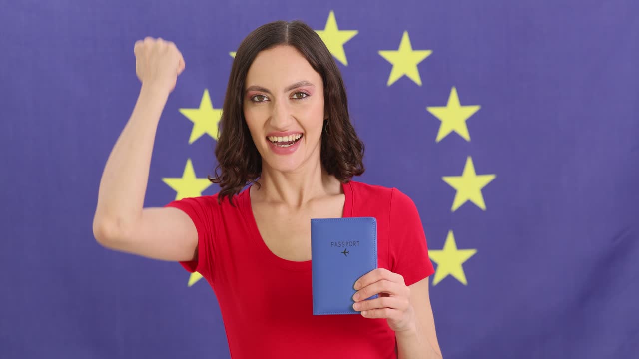 Woman Holding Passport in Front of European Union Flag