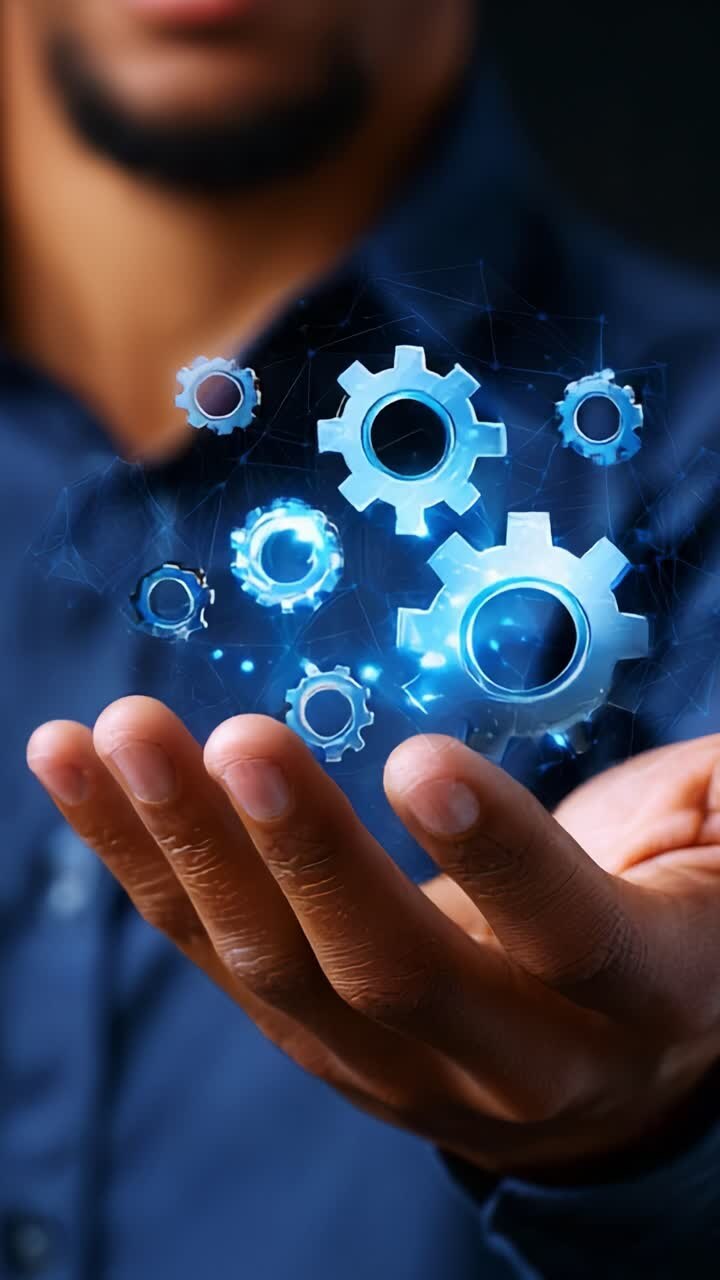 Una persona concentrata tiene in mano una sfera luminosa di ingranaggi interconnessi, a simboleggiare l'innovazione e la tecnologia, illustrando la fusione tra l'impegno personale e il progresso digitale
