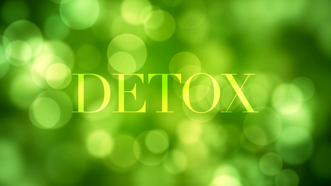 Appearing 'Detox' text and dissolving after a while with moving green glitter lights,defocused light reflections on loopable green bokeh background.