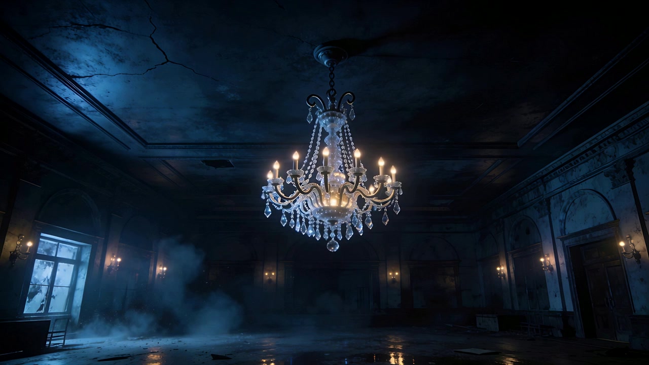 Lampadario scintillante che diffonde luce calda in una sala da ballo in rovina, nebbia che si addensa dalla finestra sinistra