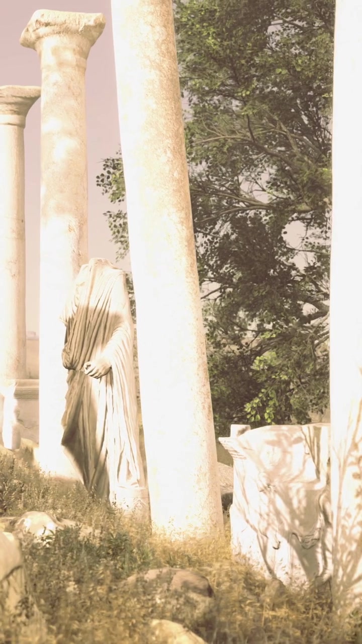 Uomo in piedi dietro un'alta colonna in un campo alle prime luci dell'alba.