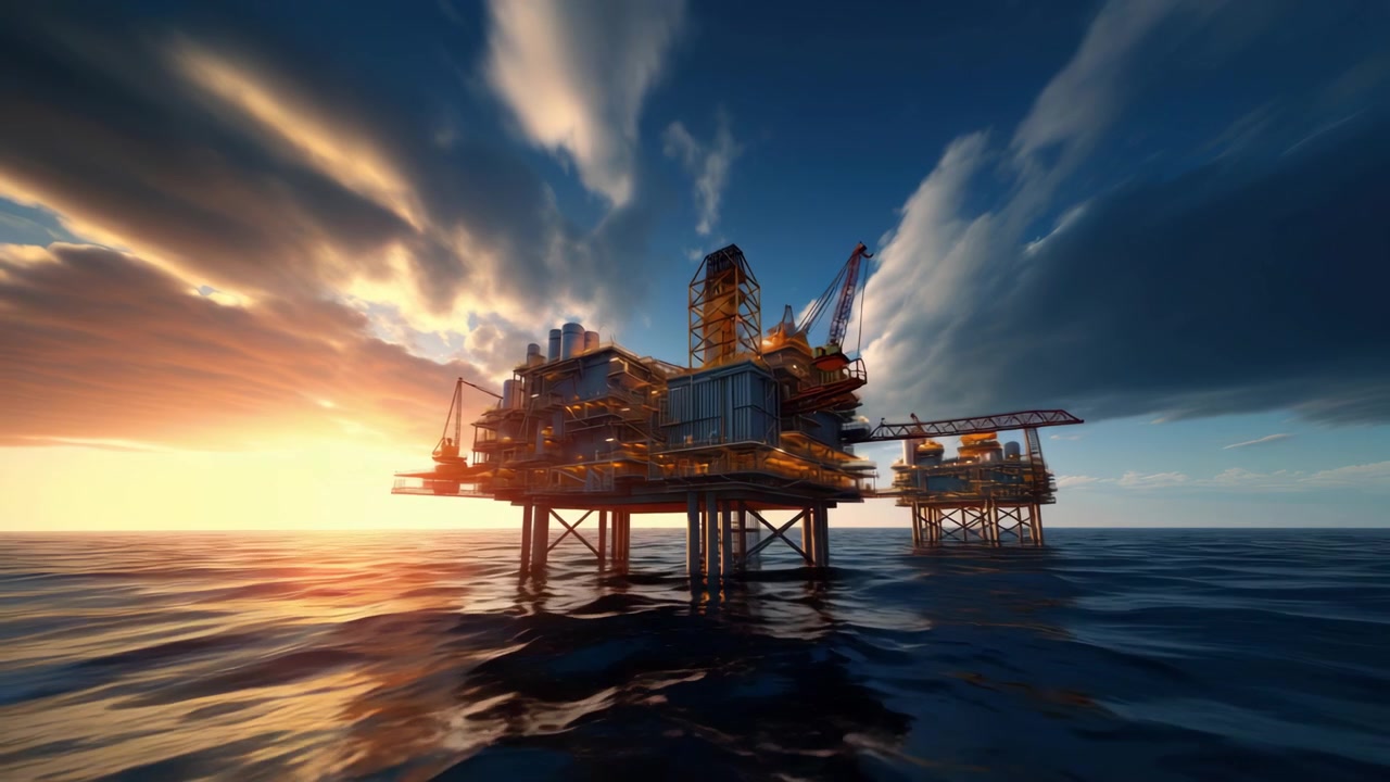 Dramatisk udsigt over en offshore borerig ved solnedgang.