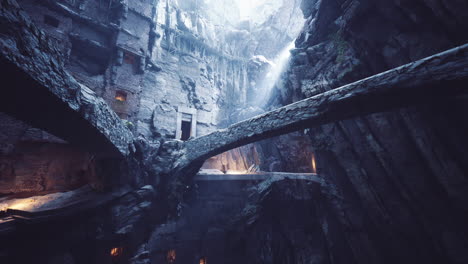 exploration of ancient cave ruins illuminated by sunlight in a secluded valley
