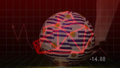 Soccer ball with Uruguay flag design over red financial graph animation