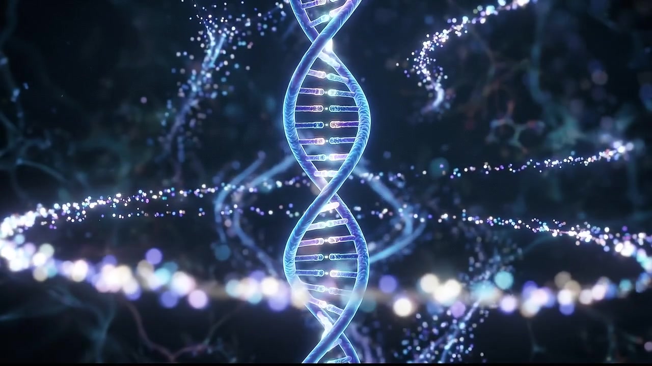 Struttura del DNA a maglia digitale cibernetica che ruota su uno sfondo scuro con una rete di particelle