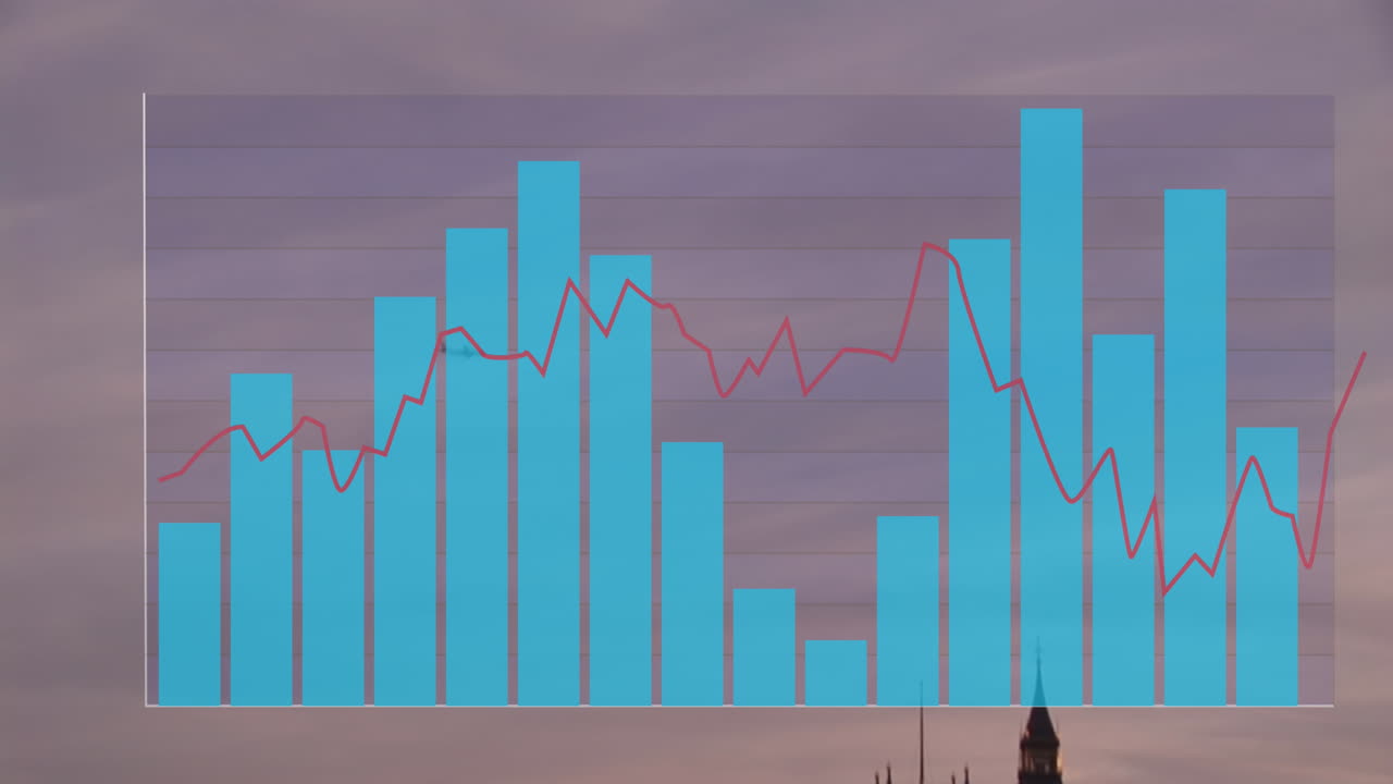 animación del procesamiento de datos financieros sobre el paisaje urbano de londres