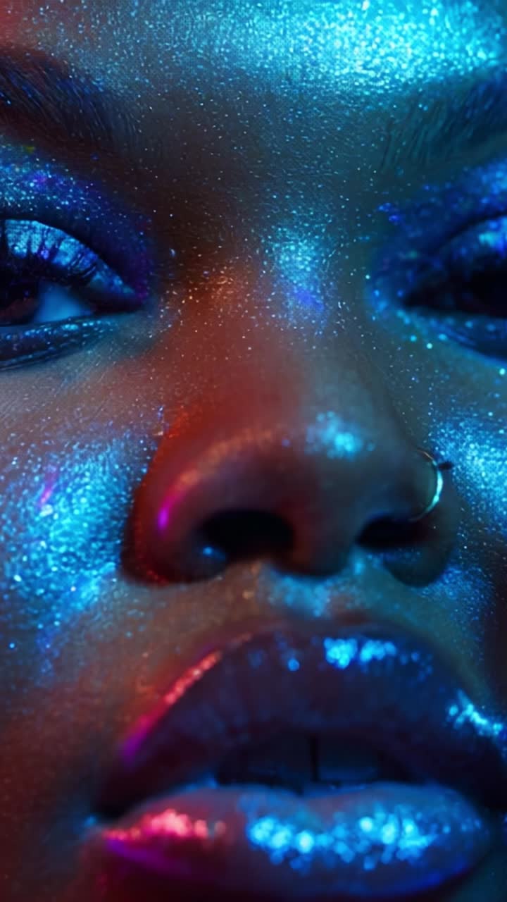 Captivating Close-Up of a Person with Shimmering Glitter and Vibrant Lighting Enhancing Facial Features and Expressions