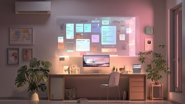 Espaço de trabalho moderno com anotações digitais e iluminação ambiente