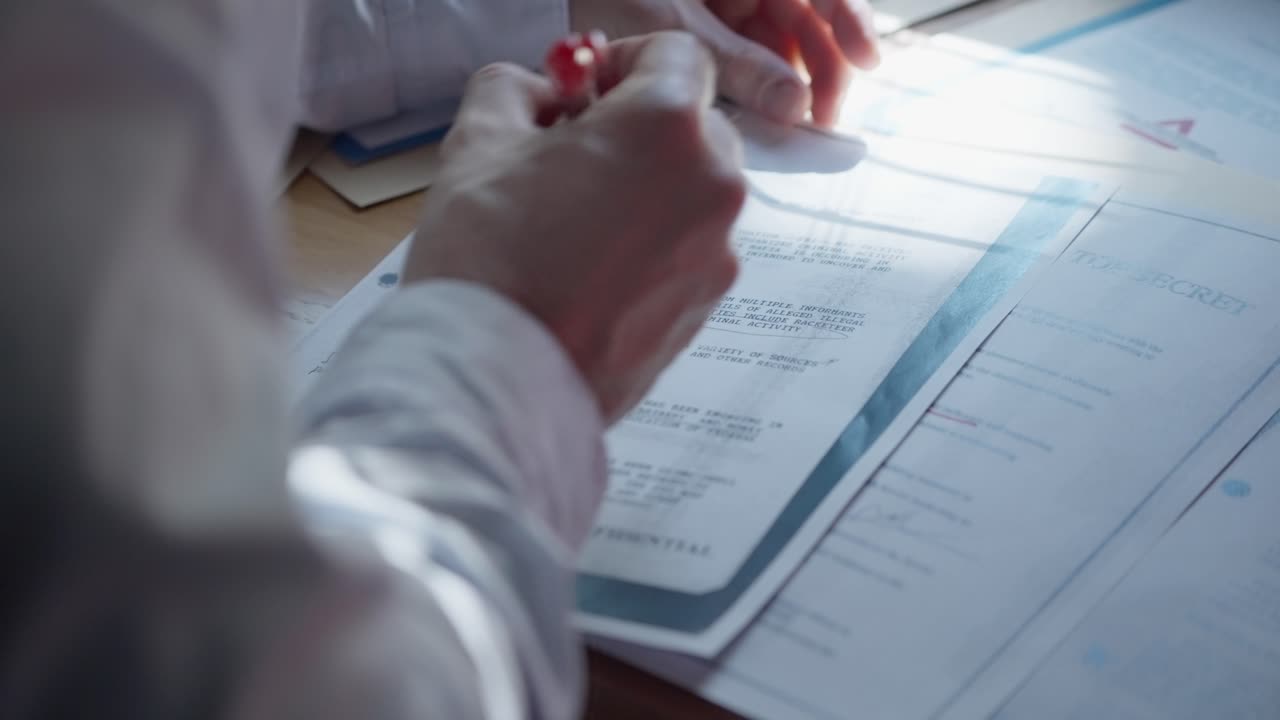 Man sits at desk, reviewing confidential papers and marking key points with red marker. Agent, investigator, lawyer, or student working with sensitive material. Investigation, research, academic study