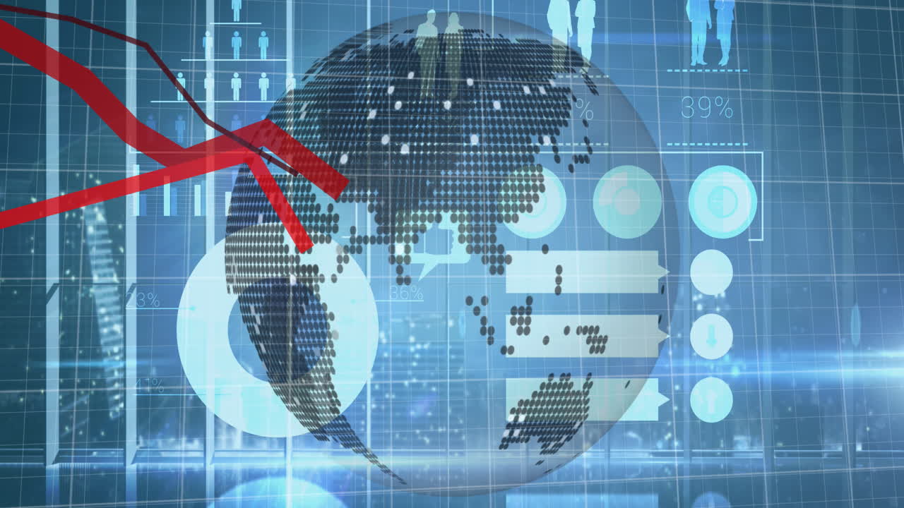 회전하는 지구를 가로질러 움직이는 데이터와 정보가 있는 그래프의 애니메이션