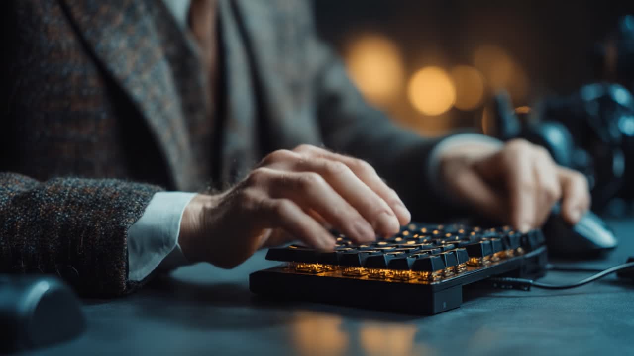 A close-up view of hands typing on a mechanical keyboard, showcasing the intricate design and atmospheric background, perfect for capturing the essence of focused work