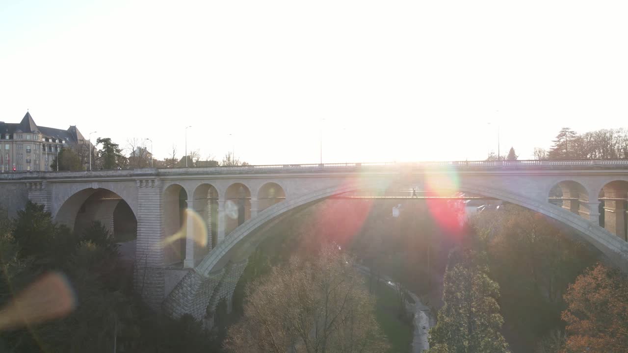 aerial drone shot near bridge in Luxembourg City center
