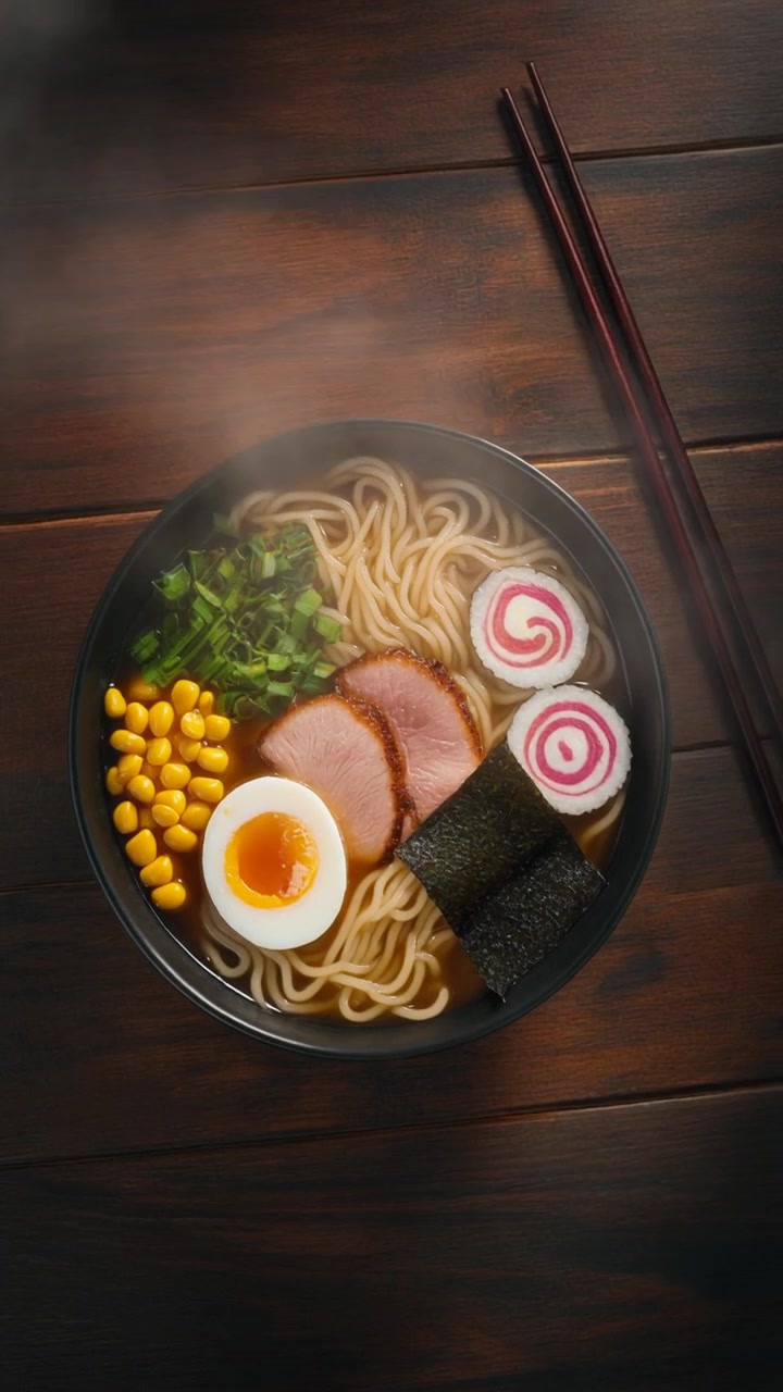 Ciotola fumante di ramen tradizionale giapponese su tavolo di legno