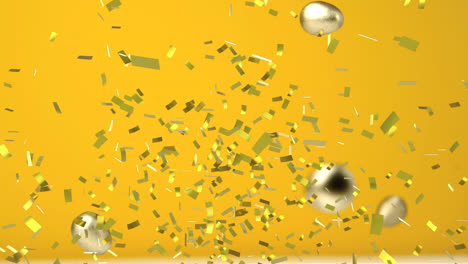 animation of gold confetti and gold wrapped chocolate easter eggs falling on yellow background