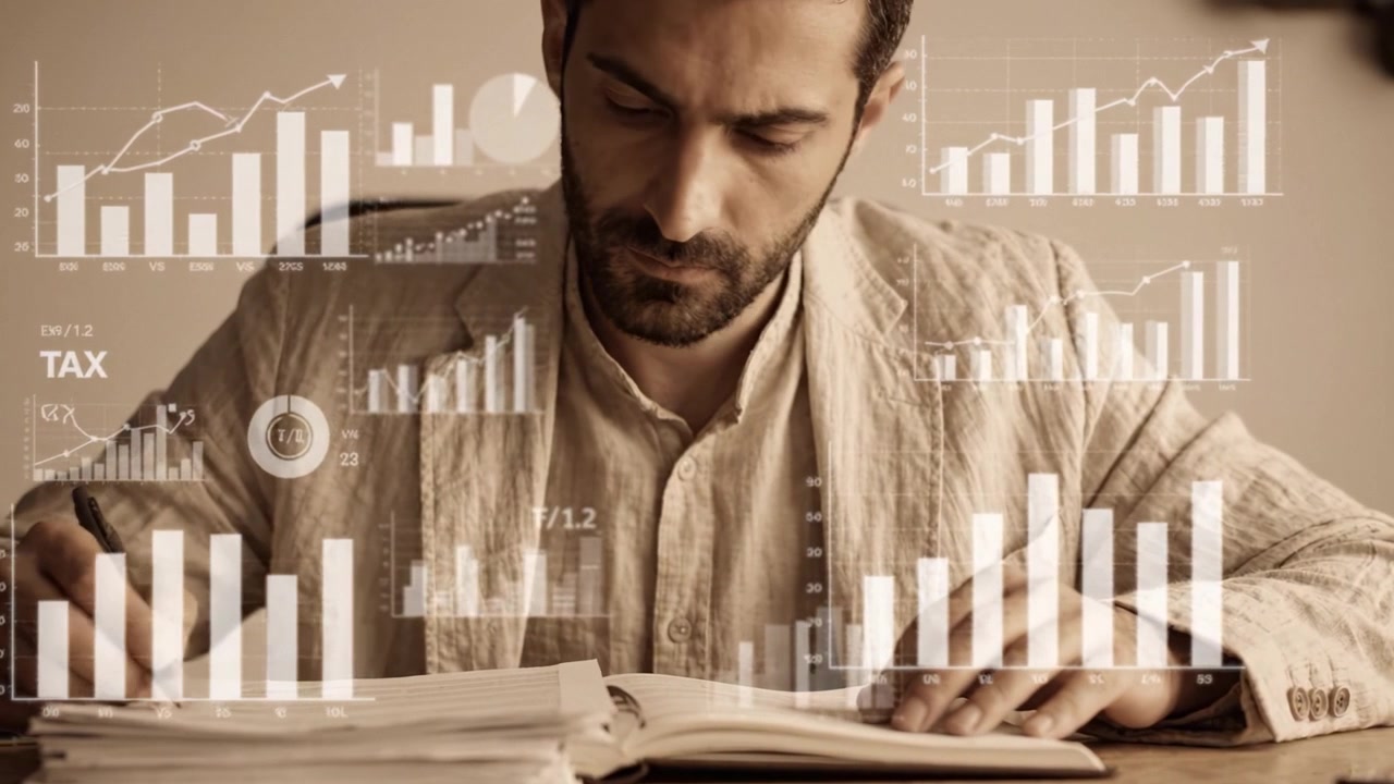 Professionista uomo concentrato che analizza dati e prende appunti con grafici e diagrammi sovrapposti per una comprensione completa di tendenze e intuizioni.