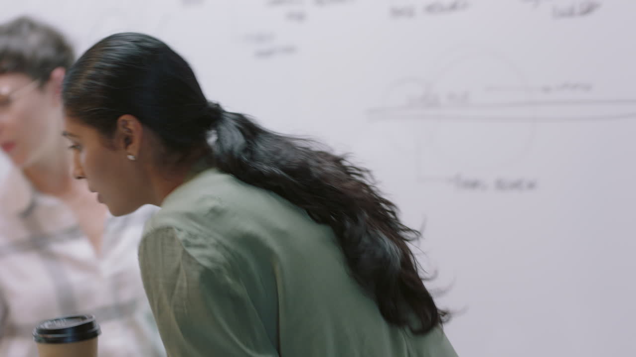 창의적인 비즈니스 여성 브레인스토밍 디자이너들이 웹 디자인 프로젝트에서 함께 일합니다. 인도 여성은 온라인 연구를 사용하여 개발 전략을 계획하고 현대 사무실에서 화이트보드에 아이디어를 작성합니다.