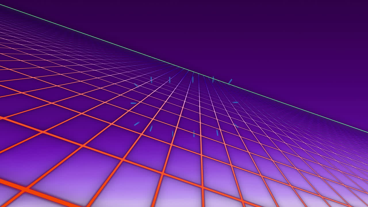 Animation of multicolored geometric shapes and grid pattern over black background