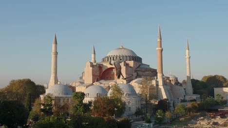 panoramic top view of the hagia sophia mosque in the evening during sunset. seagulls flying over hagia sophia mosque in istanbul, turkey. video 4k resolution