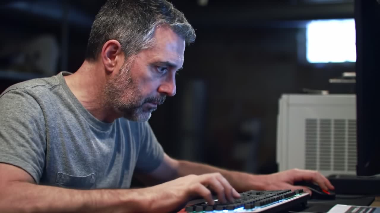 Focused Individual Engaged in Typing at Computer: A Close-Up Look into Dedication and Concentration Amidst Dim Lighting