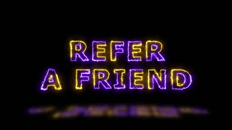 'refer a friend' yellow and violet energy border lines title animation with reflection on a floor. simple seamless loop animated text. 4k typography motion graphic