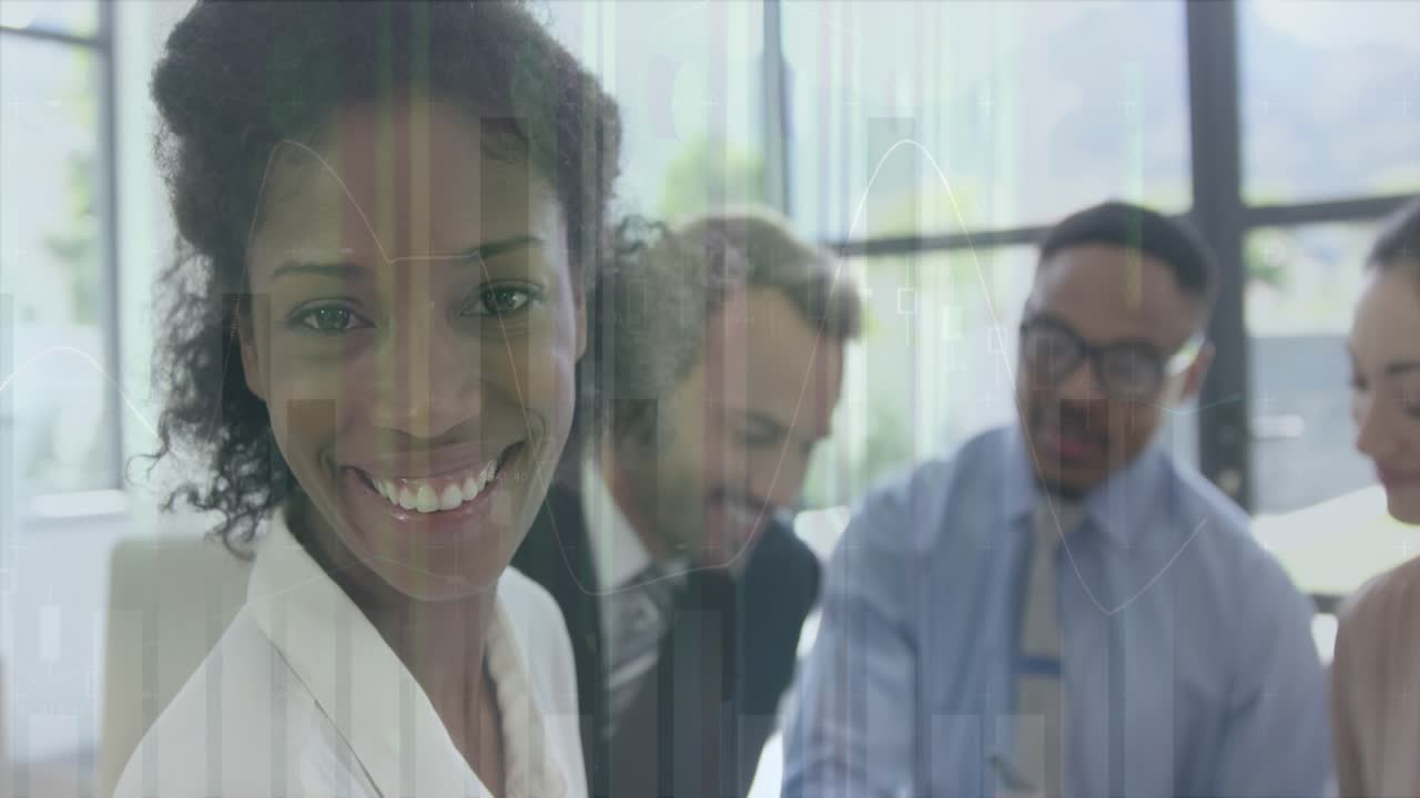 Animation of financial data processing over diverse business people in office