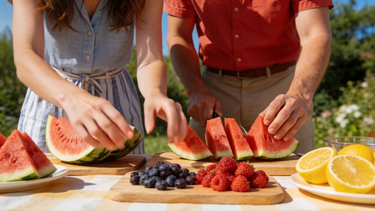 After melon halves man in red shirt slicing for platter while woman arranging berries in garden