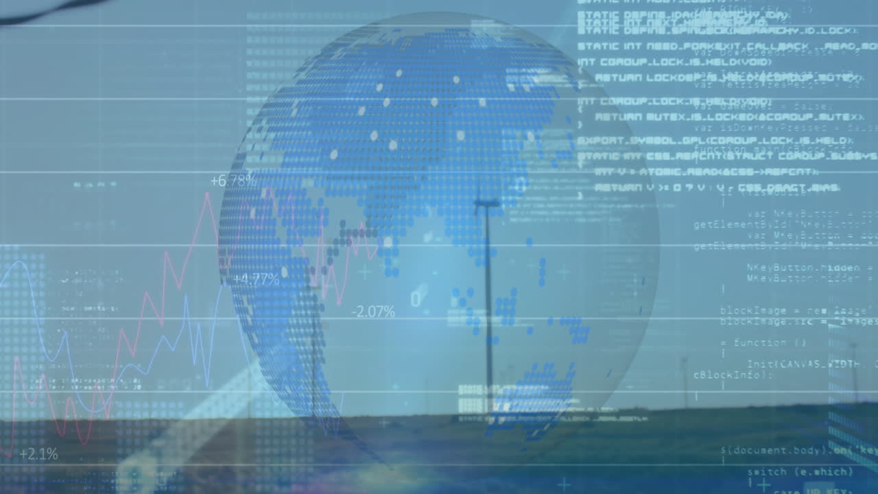 Semi-transparent globe floating over landscape, displaying wind turbines, code text and graph lines