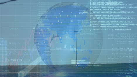semi-transparent globe floating over landscape, displaying wind turbines, code text and graph lines