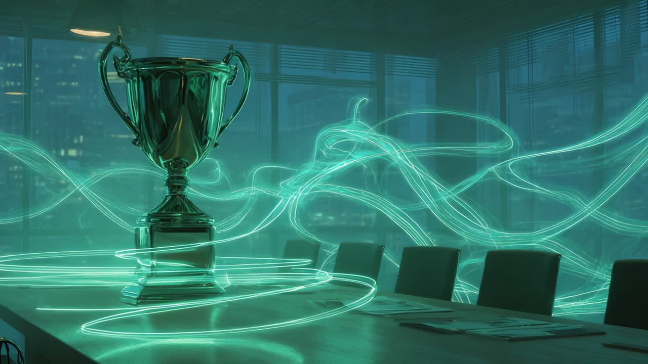 Golden trophy cup standing on a dark meeting room table while glowing green light trails swirl around, symbolizing business success, corporate achievement, and celebrating victory