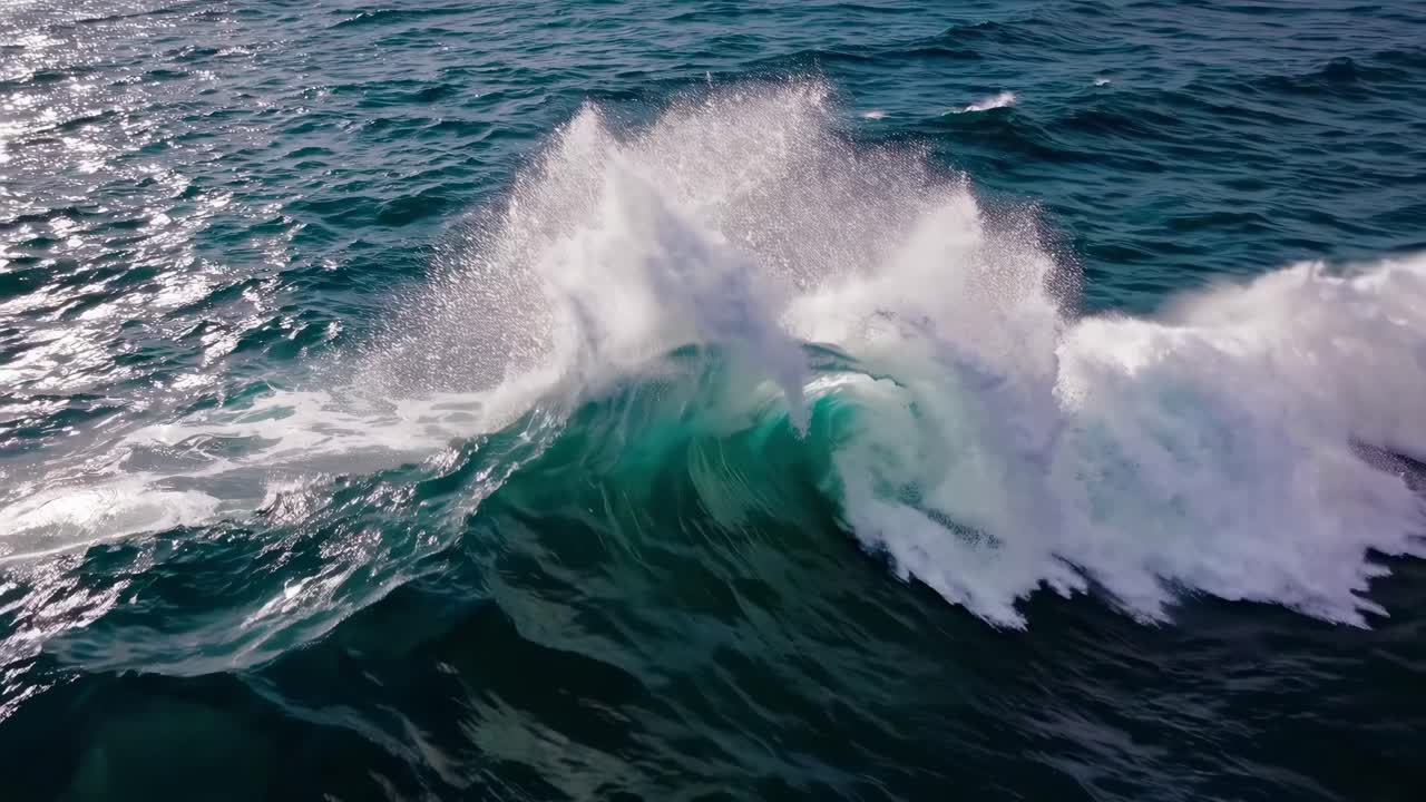 Aerial video captures the shimmering surface of deep blue ocean waves, showcasing a tranquil