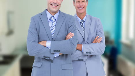 animation of smiling diverse business people with arms crossed in office