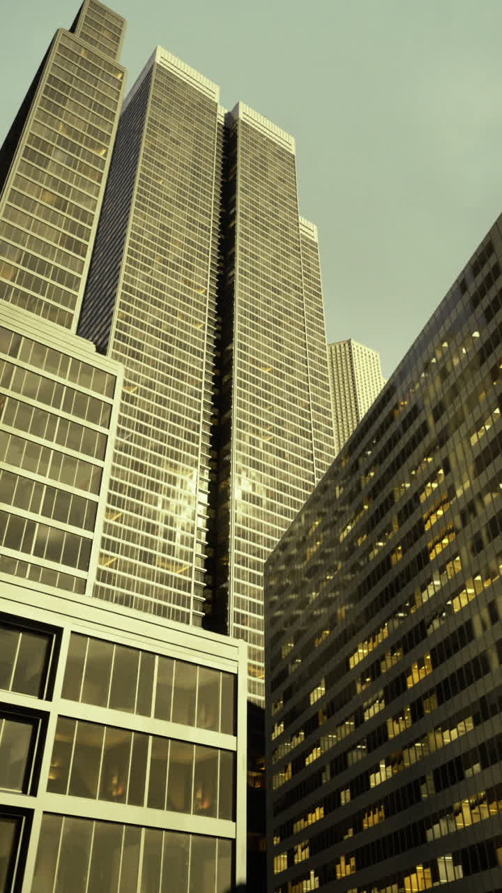 Skyscrapers rise against a dramatic sky in an urban landscape at dusk