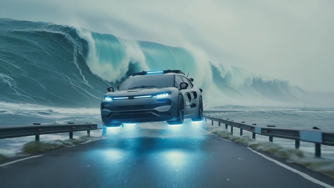 Futuristic Vehicle Escaping a Massive Tsunami Wave