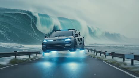 futuristic vehicle escaping a massive tsunami wave