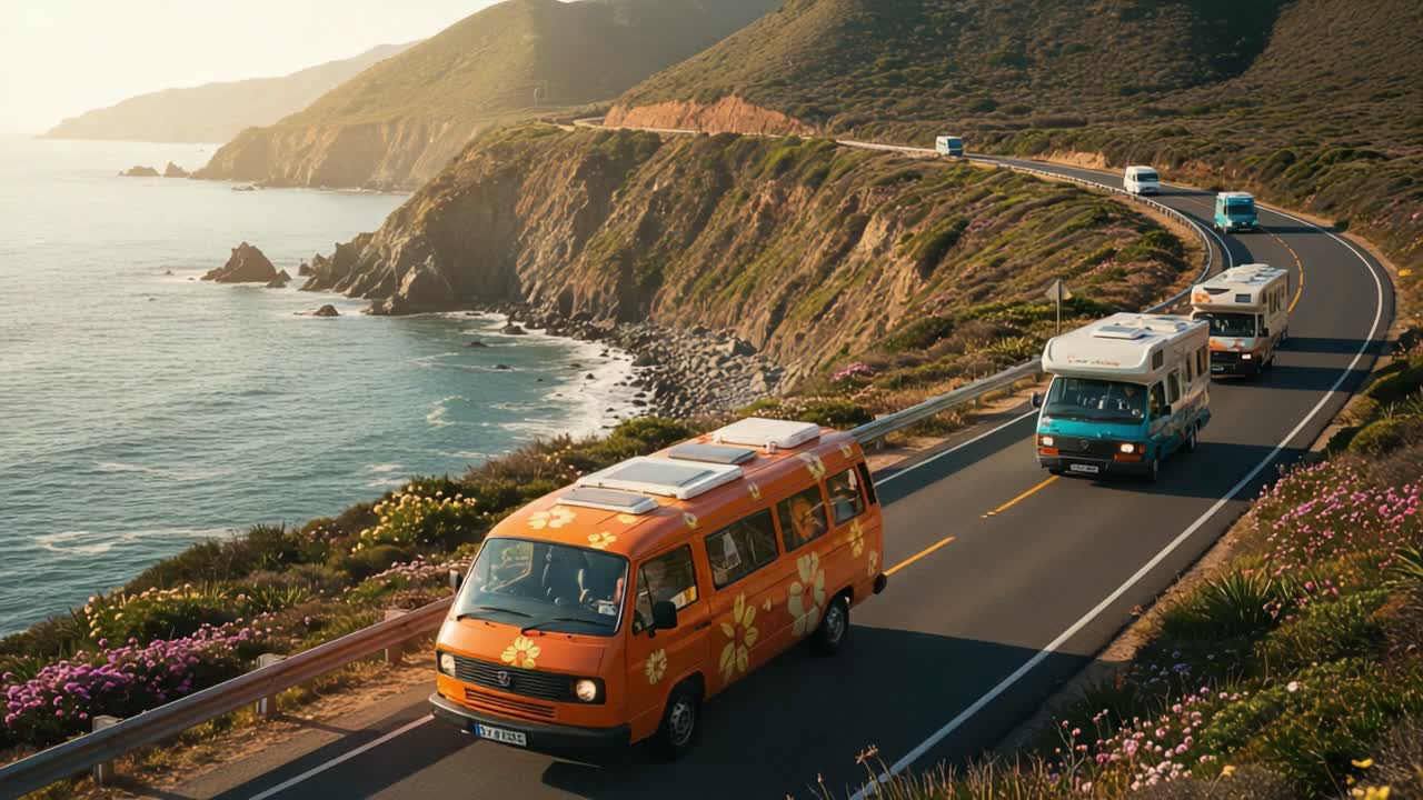 Scenic Coastal Drive: Colorful Vans and Campers Travel Along a Stunning Ocean Road with Lush Hills and Blossoming Wildflowers