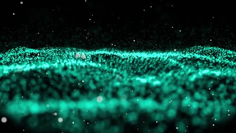 digital animation of multiple white dots floating against green digital waves on black background