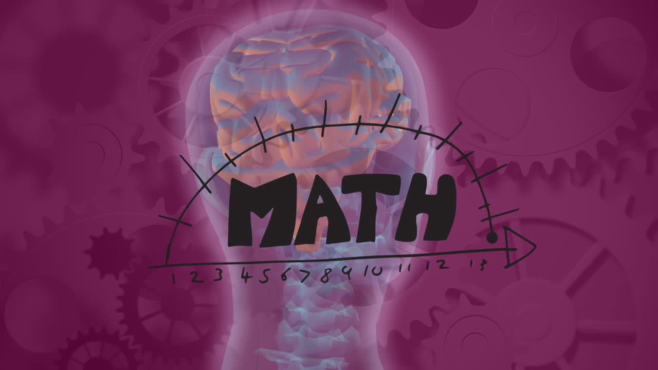 Animazione di testo matematico e cervello digitale su ingranaggi su sfondo viola