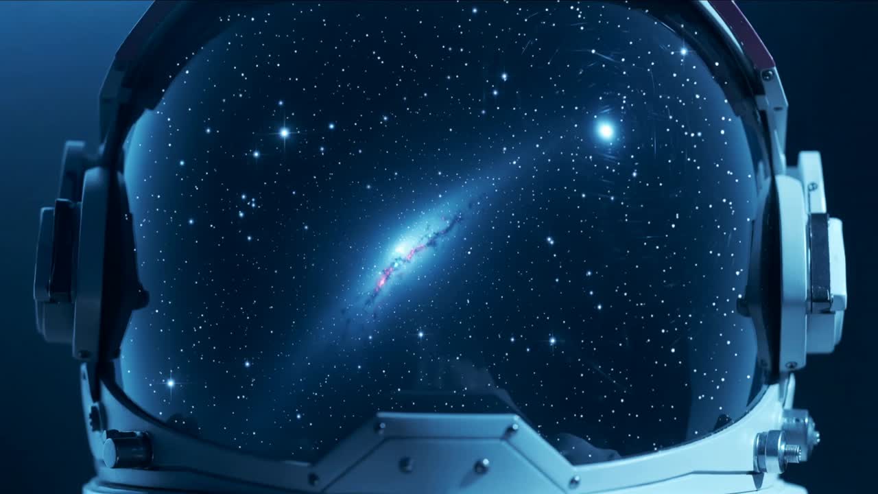 Visiera riflettente del casco di un astronauta che mostra un campo stellare mutevole durante una lenta panoramica della telecamera, nucleo galattico.