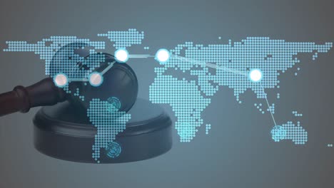 animation of network of connections and world map over gavel