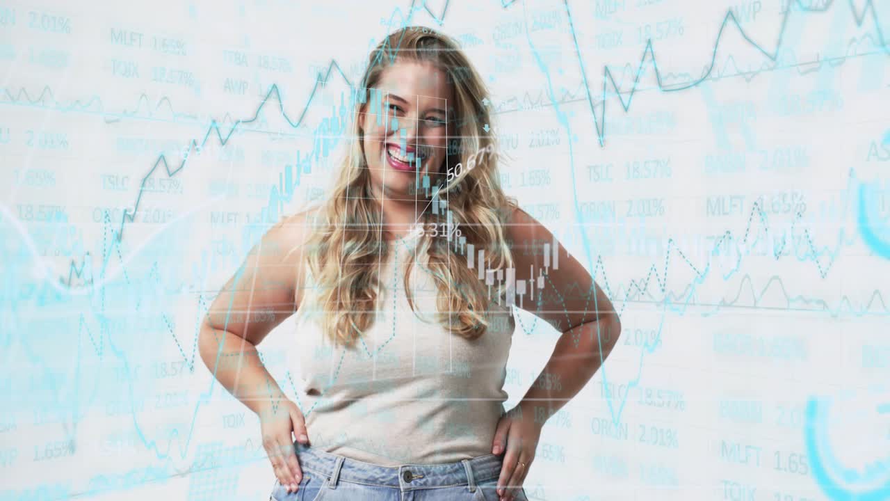 Model adjusting stance, smiling while finance lines, candles and % labels shifting across torso