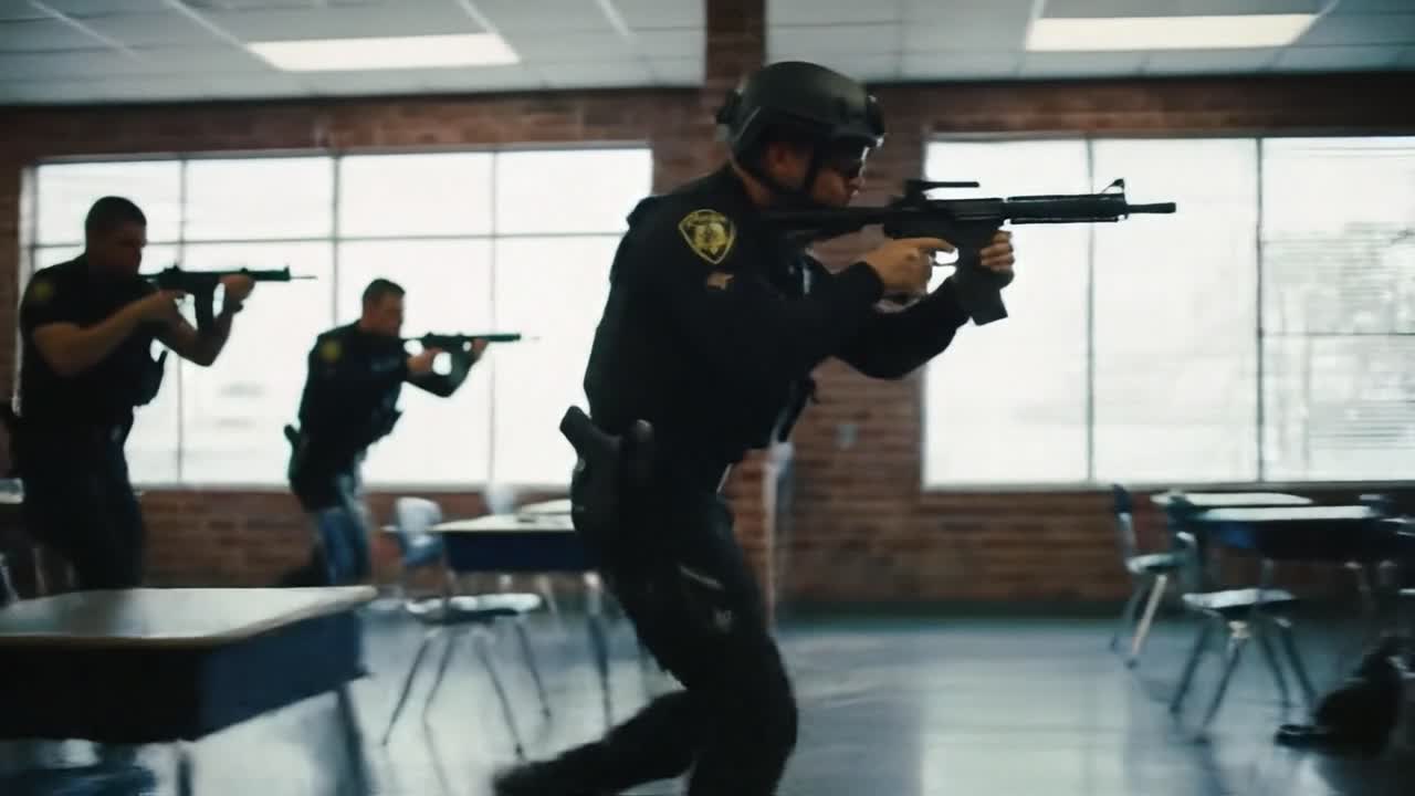 Officers engage in a tactical training exercise, showcasing teamwork and precision in an indoor environment. The session highlights their skills and readiness for real-life scenarios.