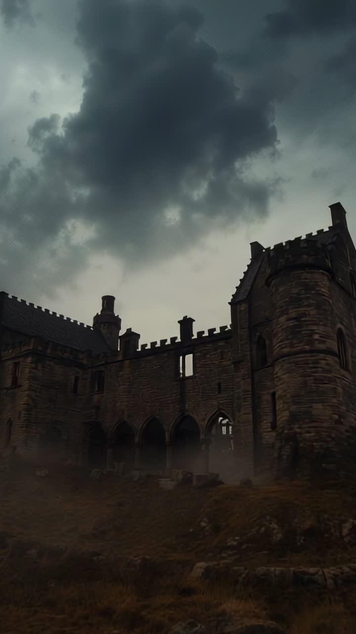 Vertical video: Opening shot showing medieval fortress under storm sky, mist drifting across ground
