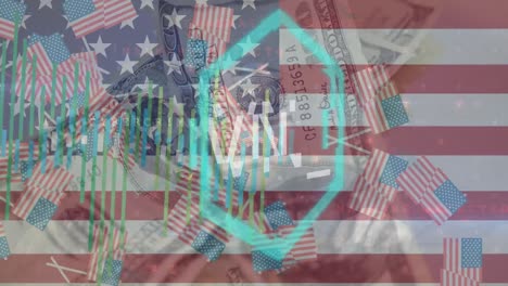 animation of nft text and data processing over flag of usa and banknotes