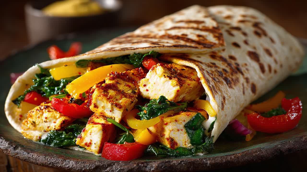 Deliciously Grilled Wrap Filled with Marinated Chicken, Colorful Peppers, Fresh Spinach, and Flavorful Seasonings, Perfect for a Nutritious Meal